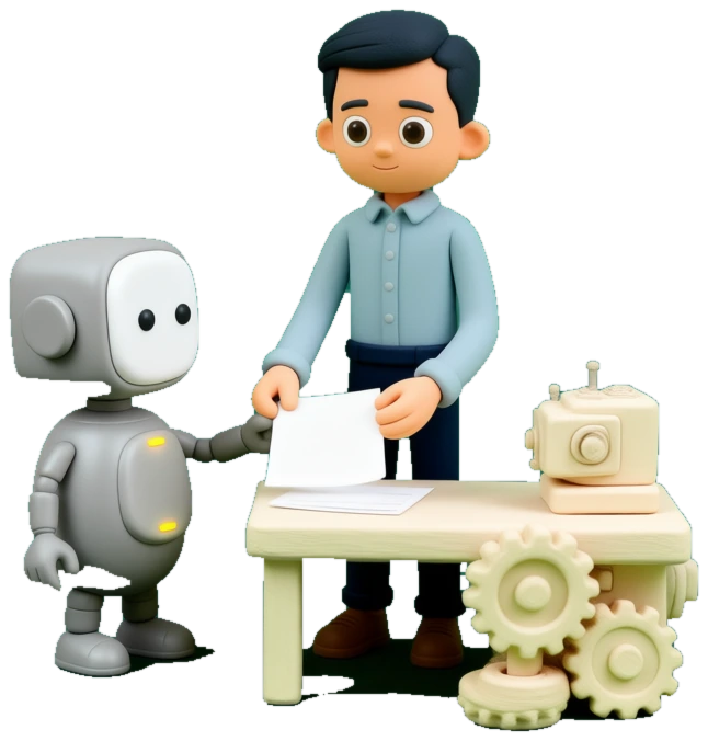 シルバーのマスコットロボットが、仕上がった書類を男性へ手渡しているクレイアート。机の横には仕組みを表す歯車が置かれている