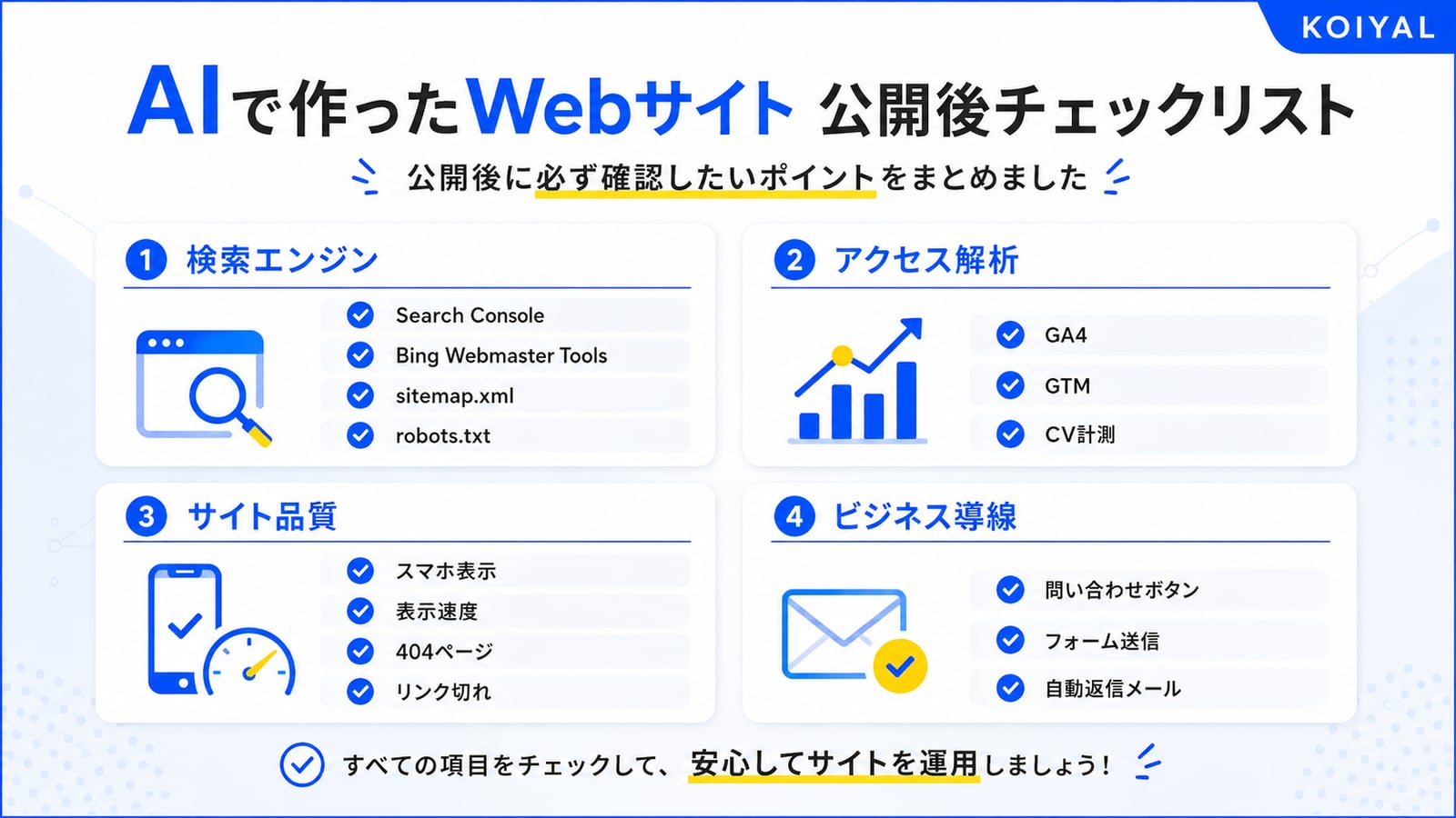 AIで作ったWebサイト 公開後チェックリスト：検索エンジン / アクセス解析 / サイト品質 / ビジネス導線