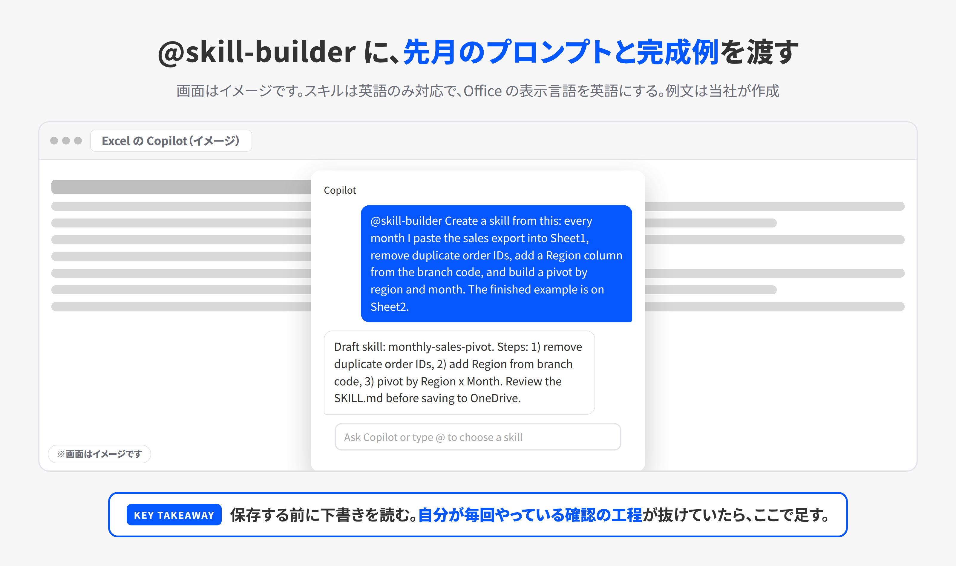 Copilot in Excelでスキル ビルダーに手順を渡す画面のイメージ。月次の集計の手順を英語で頼むと、スキルの下書きが返る