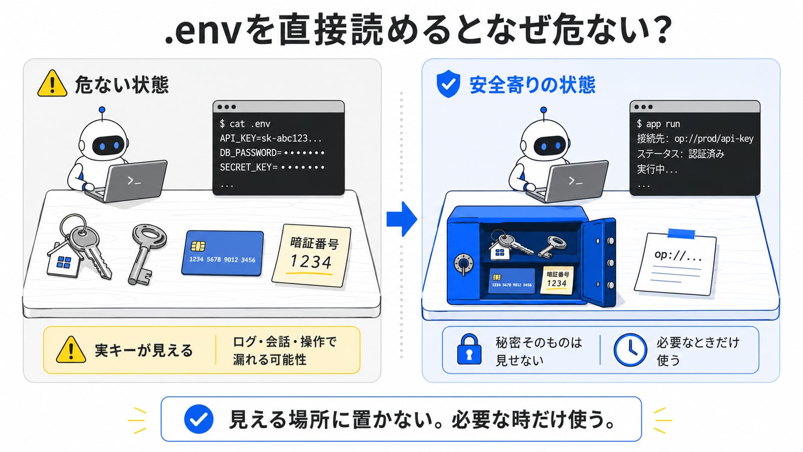 机の上に鍵・暗証番号・金庫のカードを広げたまま、AIエージェントに作業を任せている比喩イラスト